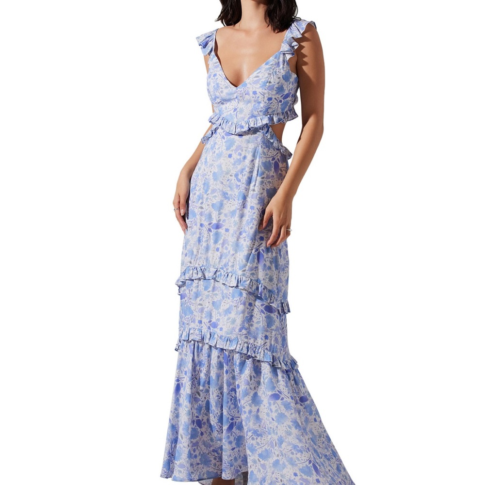 Astr Blue Floral Maxi Dress with Ruffles